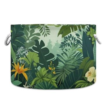 Imagem de JUZIHAI Nature Green Leaves Cesta de armazenamento dobrável para bebê, cesto de roupa suja, cobertor com alças de corda de algodão, caixa de brinquedos dobrável, organizador de armário para quarto
