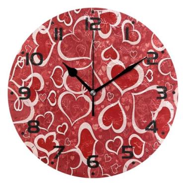 Imagem de JUZIHAI Relógio de parede com corações de dia dos namorados, silencioso, sem tique-taque, redondo, operado por bateria, fácil de ler, relógio decorativo de parede para casa, cozinha, sala de estar