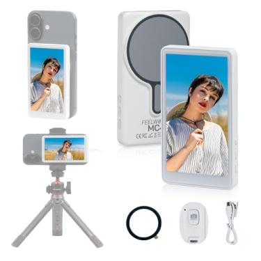 Imagem de FEELWORLD MC4 Tela de monitor de selfie para iPhone e Android, câmera traseira magnética 4K/1080p com bateria de 3h 1500mAH, tela HD sem fio de 99FT para TikTok, YouTube, transmissão ao vivo, vlogging