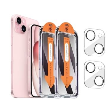 Imagem de Pacote com 2 + 2 protetores de tela de privacidade para iPhone 15 com protetor de lente de câmera cobertura total, película de vidro temperado anti-espião, dureza 9H, fácil instalação, sem bolhas [6,1