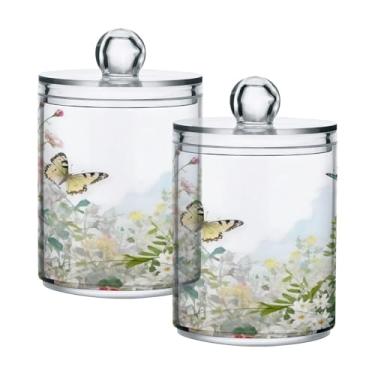 Imagem de JUZIHAI Pote de boticário de plástico transparente rústico colorido flores silvestres com tampa organizador de banheiro recipientes de armazenamento de maquiagem para bola de algodão, cotonete, fio