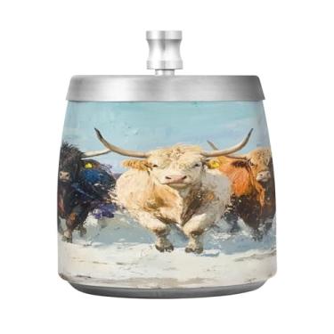 Imagem de Qilmy Cinzeiro de aço inoxidável Scottish Highland Cattle com tampa - Cinzeiro de cigarro à prova de vento sem cheiro sem fumaça para casa, escritório, carro, pátio, varanda (uso interno e externo)