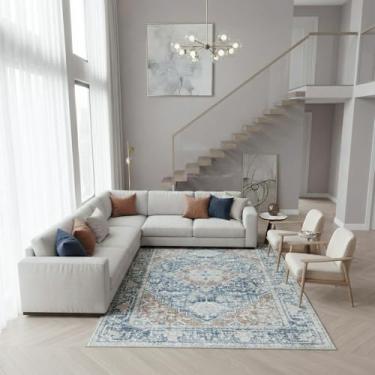 Imagem de Zanipex Tapetes de área de 20 x 25 cm para sala de estar, tapetes laváveis para quarto, 13 x 17 cm, entrada de corredores, cozinha, interior, boho, tapete bege (azul escuro, 9,5 x 1,5 m (retangular))