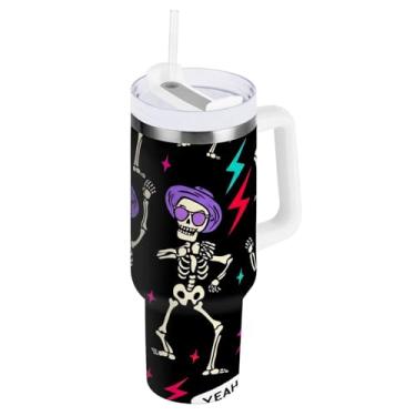 Imagem de ODAWA Copo com isolamento de aço inoxidável preto esqueleto dançante grande com alça e canudo isolado