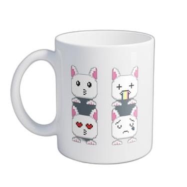 Imagem de Caneca Xícara de Café Porcelana 300ml Emoticon Coelho Pixel Art