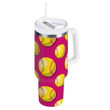 Imagem de Copo grande de beisebol rosa choque de aço inoxidável com tampa e canudo copos isolados para viagem