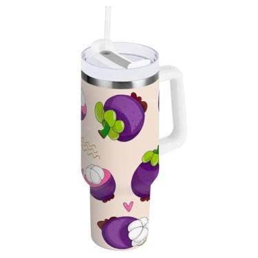 Imagem de Copo grande à prova de vazamento, copos de frutas de mangostão roxo com isolamento duplo com tampa e canudo