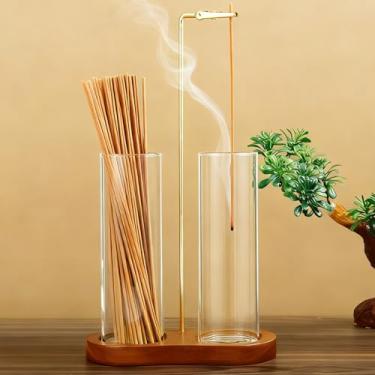 Imagem de Suporte de incenso para palitos 2 em 1 com base de madeira para armazenamento e coletor de cinzas, recipientes de vidro, clipe de metal para meditação, ioga, spa, decoração de casa e jardim (duas