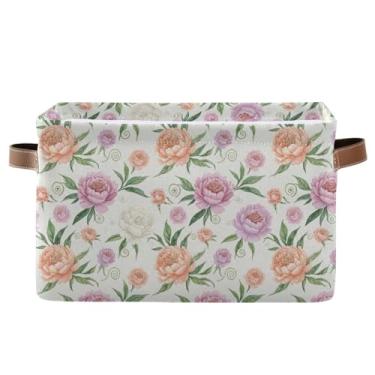 Imagem de Cestas para roupas – Caixas de armário de lona de 36 cm x 26 cm para prateleira de armário e organização de casa, creme de flores de peônia em aquarela, 1 pacote
