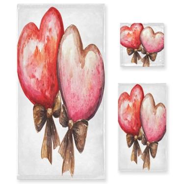 Imagem de Wassud Conjunto de 3 toalhas de banho em aquarela de corações com laços, toalhas super macias e absorventes para banheiro, toalhas de banho de secagem rápida, toalha de banho para academia, spa, hotel