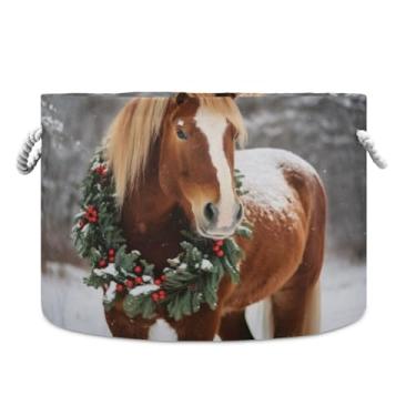 Imagem de Wassud Cavalo com guirlanda cestas redondas de tecido de lona com alças, caixas de armazenamento de animais de pelúcia cesta de lavanderia para roupas cobertores de toalha, 50 x 35 cm