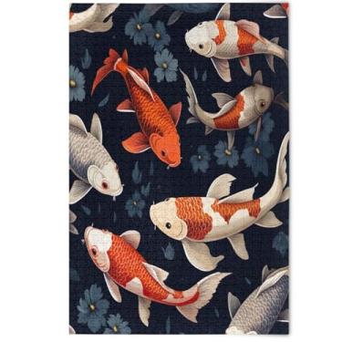 Imagem de Quebra-cabeça de peixe colorido floral preto 500 peças adultos elefantes brancos presentes quebra-cabeça legal criativo pintura animal fofo, 500 peças, 52 cm x 37,8 cm