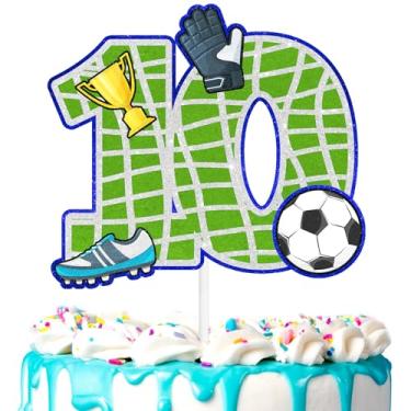 Imagem de Topo de bolo de futebol infantil 10º aniversário bola de futebol feliz decorações de futebol, festa de aniversário de menino e menina, chá de bebê, festa esportiva, suprimentos de decoração (10º)