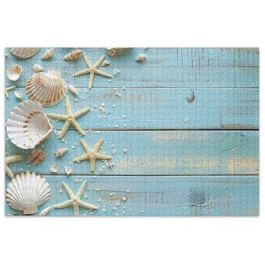 Imagem de Quebra-cabeça estrela do mar azul de madeira conchas adultos 500 peças arte brinquedo pintura paisagem quebra-cabeça família elefante branco presentes