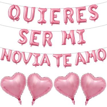 Imagem de Zaruatu 26 peças rosa 40,6 cm Quieres Ser Mi Novia Te Amo Balões alfabeto espanhol Valentine 45,7 cm rosa coração Mylar balões com canudos e fita para decoração de casamento do dia dos namorados