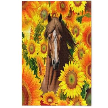 Imagem de Quebra-cabeça de cavalo com flores amarelas vibrantes para adultos, 500 peças, animal fofo, floral, arte, cena, natureza, jogo engraçado, 500 peças, 52 x 37,8 cm
