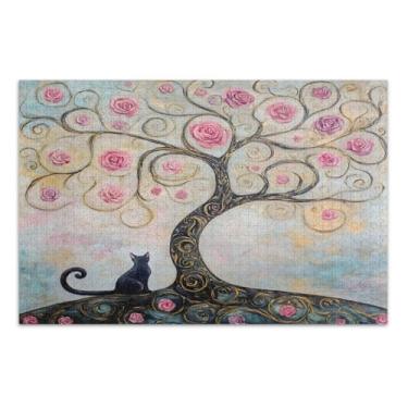 Imagem de Quebra-cabeças de gato rosa árvore rosa para adultos com letras nas costas quebra-cabeça 500 peças para adultos