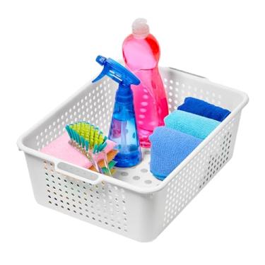 Imagem de Madesmart Cesta de armazenamento multiuso de plástico com alças, portátil sob a pia e organizador de armário, médio, branco