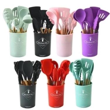 Imagem de Jogo de Cozinha Kit C/12 Pçs de Silicone Utensílios e Copo Suporte para Cozinha Cabo de Madeira Su (aleatório)