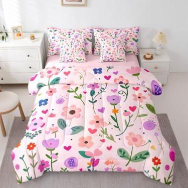 Imagem de jejeloiu Conjunto de edredom floral completo com lençol para crianças, meninos, meninas, plantas, 7 peças, fazenda, jardim, decoração de quarto fofo, hibisco, rosa, microfibra leve e macia