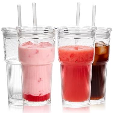 Imagem de Icesip Conjunto de copos de 590 ml, 4 peças, com canudo e tampa, listras verticais, canecas de café gelado com nervuras, copo de vidro vintage para suco de chá, refrigerante e smoothie (canelado B x