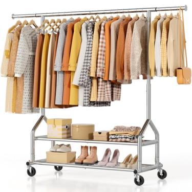 Imagem de EAGMAK Suporte de roupas pesado, 252 kg, suporte de roupas com prateleiras, cabide de metal ajustável em altura com rodas, organizador de guarda-roupa portátil, haste para pendurar roupas (prata)