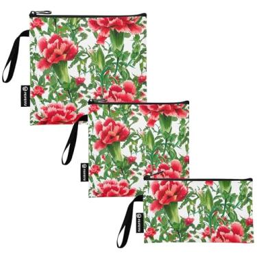 Imagem de TSENQUE Cravos florais vermelhos, folhas verdes, sacos de lanche reutilizáveis e saco de sanduíche, bolsa de almoço segura para alimentos, lavável para escola, escritório, viagens, trabalho (pacote