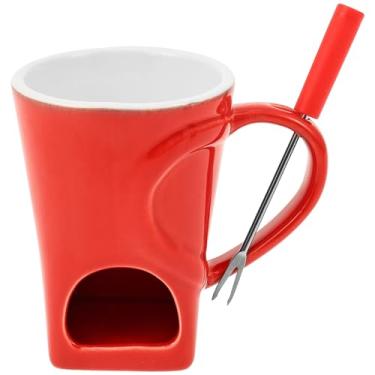 Imagem de Caneca de fondue de chocolate, panela de derretimento de cerâmica com garfo para aquecedor de manteiga de queijo, conjunto de fondue doméstico seguro para micro-ondas (vermelho)
