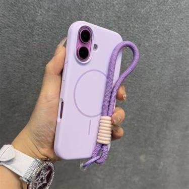 Imagem de Capa de silicone líquido para iPhone 16, 11, 12, 13, 14, 15 Pro Max e 16 Plus, alça de pulso, cordão magnético, roxa, para iPhone 13 ProMax