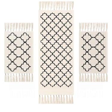 Imagem de Kit Tapete Cozinha Algodão Artesanal com Passadeira Geométrica 3 Peças Decorativo(Dubai)