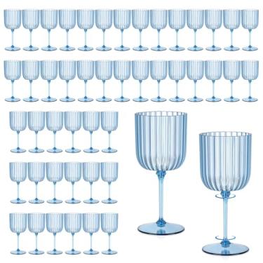 Imagem de 48 peças de taças de vinho com nervuras de plástico 325 ml cálice de vinho destacável azul inquebrável vintage ondulado copos de água para coquetéis, festas, casamentos, piscina, ao ar livre