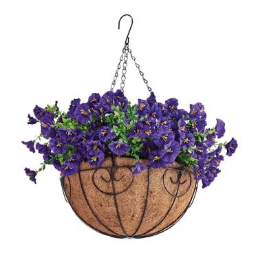 Imagem de Mikasa Planta floral falsa com flores roxas, videira vegetal artificial, cesta de plástico realista, flores falsas para decoração de casa, plantador de parede interno e externo