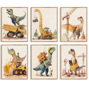 Imagem de Arte de parede de berçário de dinossauro em tela para quarto de meninos, decoração de parede, pôster infantil, impressões de dinossauros, caminhões, imagens de arte para sala de estar, quarto, 30,5 x