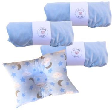 Imagem de Kit Lençol 100% Algodão Malha Elástico Total e Travesseiro Anatômico Lua e Estrela Berço Carrinho | Blue Lovers