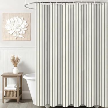 Imagem de Ksriylm Cortina de chuveiro cinza bege listrada de algodão e algodão, cortinas de chuveiro listradas engraçadas para decoração de banheiro, cortina de chuveiro de tecido chique 183 cm L x 183 cm C