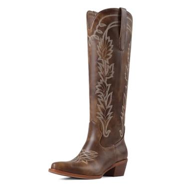 Imagem de femflame Botas femininas caubói pretas na altura do joelho com bico fino, salto grosso, zíper, bordado, cowgirl, bico largo, botas ocidentais de couro, Marrom, 37