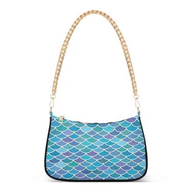 Imagem de Linda bolsa de ombro Hobo com escamas de sereia azul, bolsa feminina com alça de corrente média, bolsa clutch transversal moderna