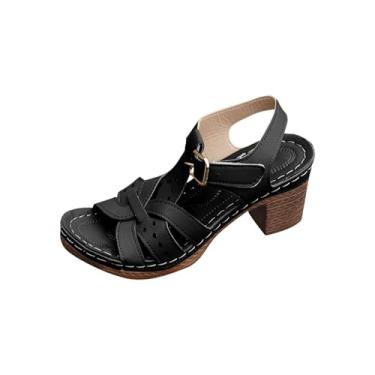 Imagem de Sandália feminina fashion casual primavera e verão praia versátil cor sólida boca de peixe fivela única salto grosso salto alto, Preto, 34