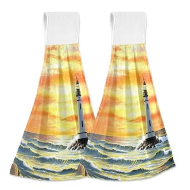 Imagem de Joitme Toalhas de mão penduradas para pintura Lighthouse Ocean Orange com laço pacote com 2, toalhas decorativas de cozinha absorvente de lã coral com fita mágica para secar no forno ou louça