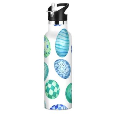 Imagem de Garrafa de água azul verde para meninas brancas com tampa de palha, garrafas de água isoladas de aço inoxidável, parede dupla, copo infantil livre de BPA para escola, viagens, esportes, 590 ml