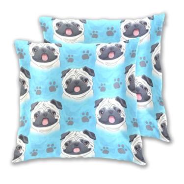 Imagem de Joitme Conjunto de 2 capas de almofadas fofas de cachorro pug azul desenho animado com 2 capas de almofadas decorativas fofas para sofá-cama, 45 x 45 cm, 2 peças