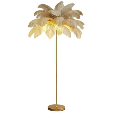 Imagem de Luminária de chão moderna e luxuosa com penas de avestruz - Luminária nórdica de resina dourada para decoração de casas de campo, hotéis e quartos românticos de princesa, 160 cm, iluminação