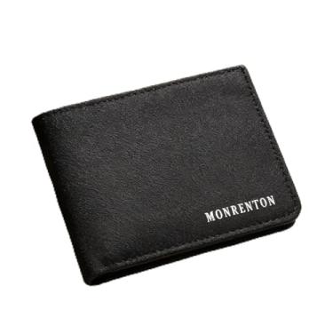 Imagem de Carteira masculina de negócios preta com zíper em relevo padrão de couro sintético, design de zíper curto preto comercial com padrão em relevo couro sintético, perfil ultrafino