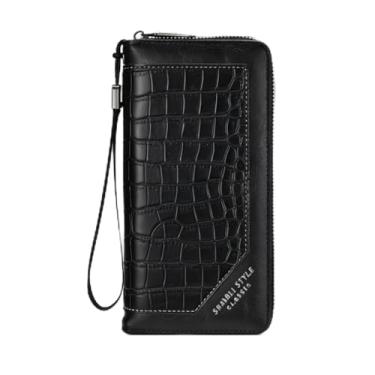 Imagem de Carteira masculina, moderna de couro sintético em relevo de crocodilo com zíper único, transporte de mão elegante com bloqueio RFID e vários compartimentos para cartões (preto)