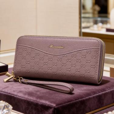 Imagem de Carteira feminina, bolsa de couro retrô longa com zíper duplo com alça de pulso prática, organizador de duas camadas de grande capacidade com bloqueio RFID (roxo)
