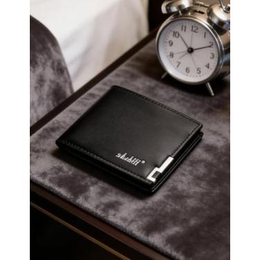 Imagem de Carteira curta masculina dobrável de couro, dobrável fina com vários bolsos para cartão (preto)