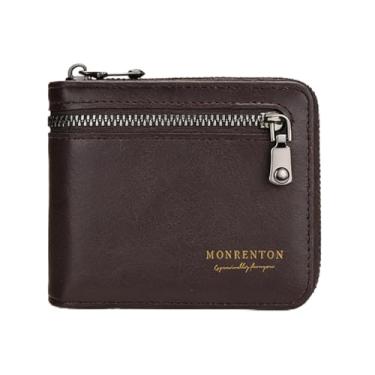 Imagem de Carteira masculina moderna marrom escuro fivela curta de grão fosco couro macio confortável, design moderno marrom escuro curto com fivela, couro liso de grão fosco, confortável