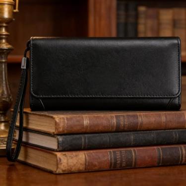 Imagem de Carteira masculina, organizador casual de couro longo com botão de pressão e zíper, vários compartimentos para cartão de crédito e grande capacidade, design seguro (preto)