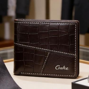 Imagem de Carteira masculina dobrável de couro curta, dobrável vintage clássica (marrom escuro)