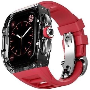 Imagem de AEHON Kit de modificação transparente de luxo + pulseira de relógio fluororubber, pulseira esportiva de capa de policarbonato, para pulseira de relógio Apple 8 7 6 5 4 SE 45 mm 44 mm substituir (cor: